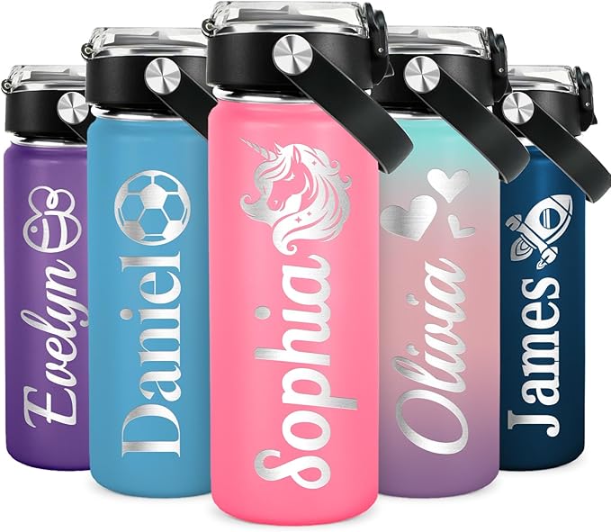Personalized Kids Water Bottle with Name for School - Custom 18oz Water Bottle with Straw Lid Stainless Steel w/Engraved Names - Personalized Christmas Kids Gifts for Boys Girls kids (Engraved)