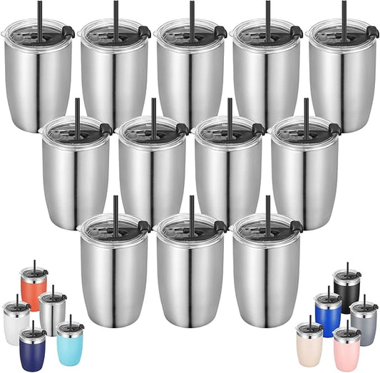 VEGOND Stainless Steel 12 oz Tumblers bulk Vacuum Insulated Double Wall Travel Tumbler with Lid and Straw Reusable Tumbler,Stainless 12 pack