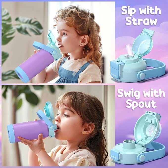 Kids Insulated Water Bottle with Pop-Open Straw & Spout 2-in-1 Lid, 18oz Leak Proof 18/8 Stainless Steel Vacuum Tumbler, BPA-Free Kids Cup For Travel School Boys Girls Toddler, Dinosaur & Monster Car