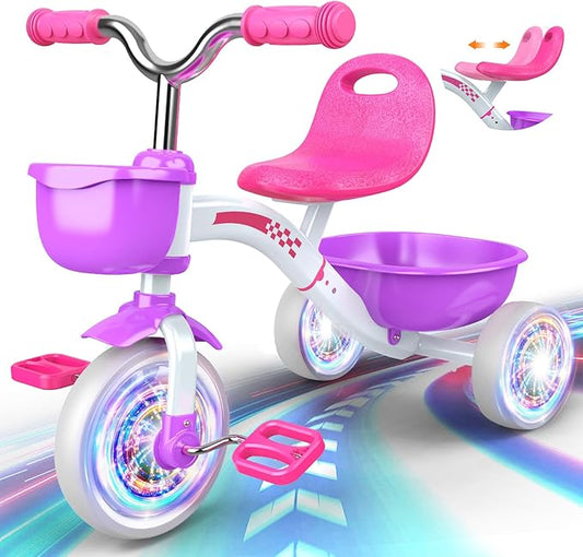 Toddler Tricycle for 1-3 3-4 Year Olds, Toddler Toys Baby Bike, Toys for Ages 2-4, 3-Level Adjustable Seat, 3 Colorful Lighting Wheels, 2 3 4 Year Old Girl Birthday Gifts