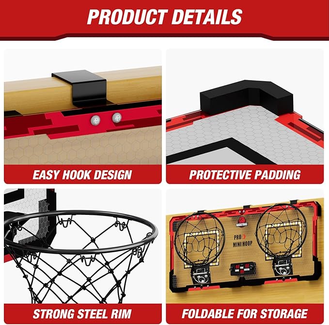2 Player Basketball Game, Dual Shot Over The Door Mini Basketball Hoop Indoor with Scoreboard & LED, Basketball Toy Gifts for Kids Boys Girls Adults, Suit for Bedroom/Office/Outdoor/Pool, Red