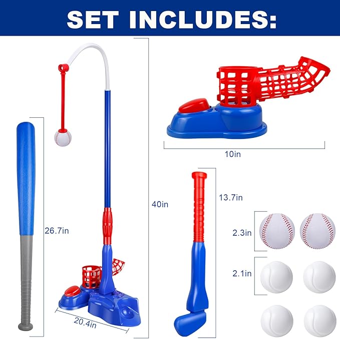 4-in-1 Tee Ball Set for Kids, Adjustable T Ball Set Stand with 6 Balls - Perfect Outdoor Toys for Boys and Girls, Indoor Outdoor Sport Gifts Baseball, Softball, Golf