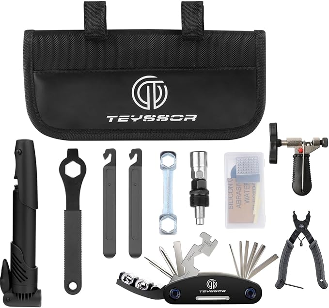 Teyssor Bike Repair Bag with Tire Pump, Bicycle Tire Repair Tool Kit, Portable Tool Bag with 16 in 1 Multitool All in One Bike Kit for Cycling