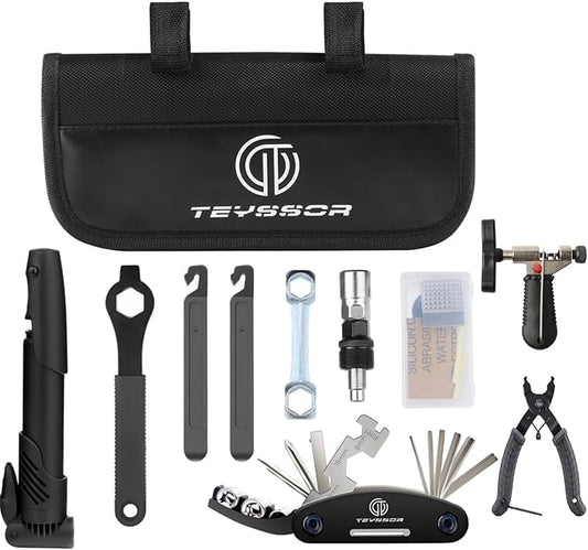 Teyssor Bike Repair Bag with Tire Pump, Bicycle Tire Repair Tool Kit, Portable Tool Bag with 16 in 1 Multitool All in One Bike Kit for Cycling