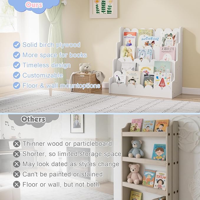 NACHES Kids Bookshelf Wooden 4 Tier Scalloped Bookshelf Toddler Montessori Bookcase Children Front Facing Display Book Shelves for Nursery Kids Room Reading Room Bedroom Classroom
