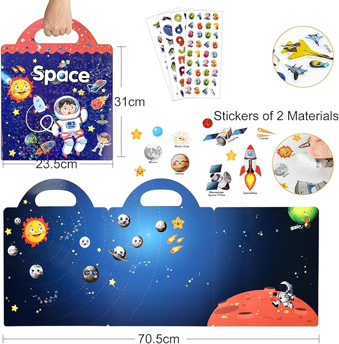 ASTARON Reusable Sticker Book for Toddlers, 88 Pcs Space Stickers Road Trip Activities Car Airplane Activities Travel Toys for Kids, Kids Quiet Time Activities (2-6 Age)