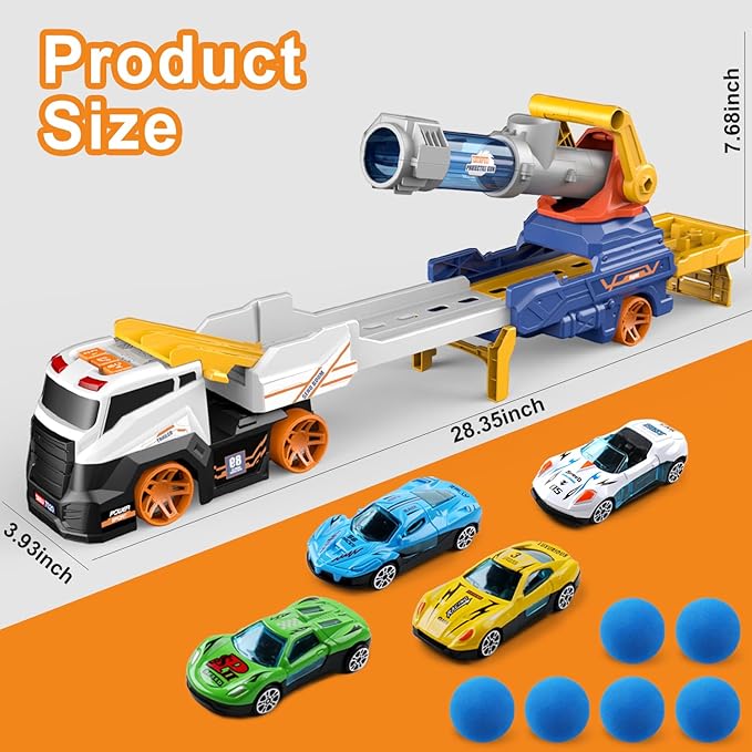 Dwi Dowellin Truck Toys for Kids, 28" Large Car Toys Include 4 Race Cars+6 Soft Foam Balls, with Light & Sounds, Eejection&Shooting Transport Trucks Toy, Gifts for Boys Girls 3 4 5 6 7 8+ Year Old