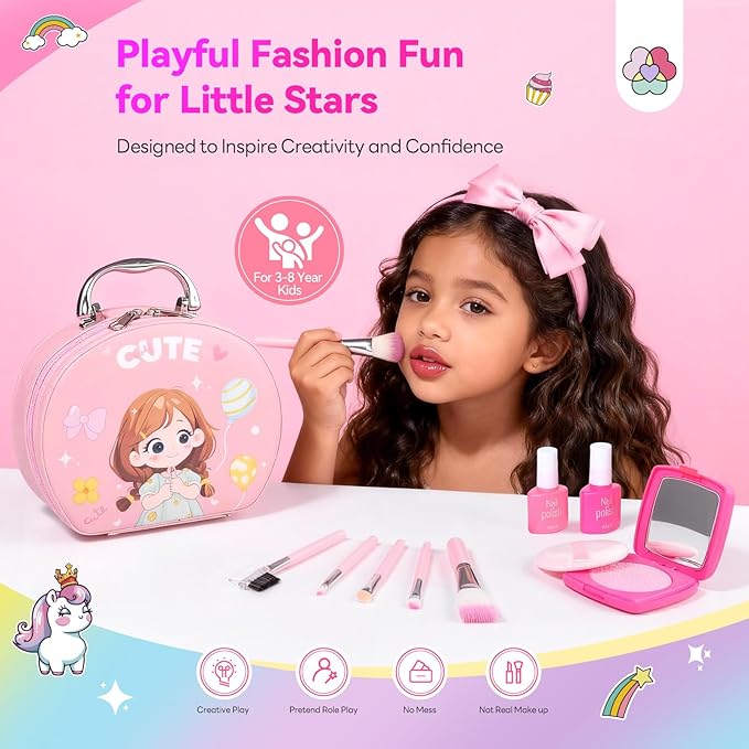 SAVILAND Pretend Makeup for Kids 27 PCS: Playful Fashion Fake Makeup Toxic-Free Toy Makeup for 3-8 Year Girls No-Mess Kids Pretend Makeup Kit Birthday Not Real Makeup