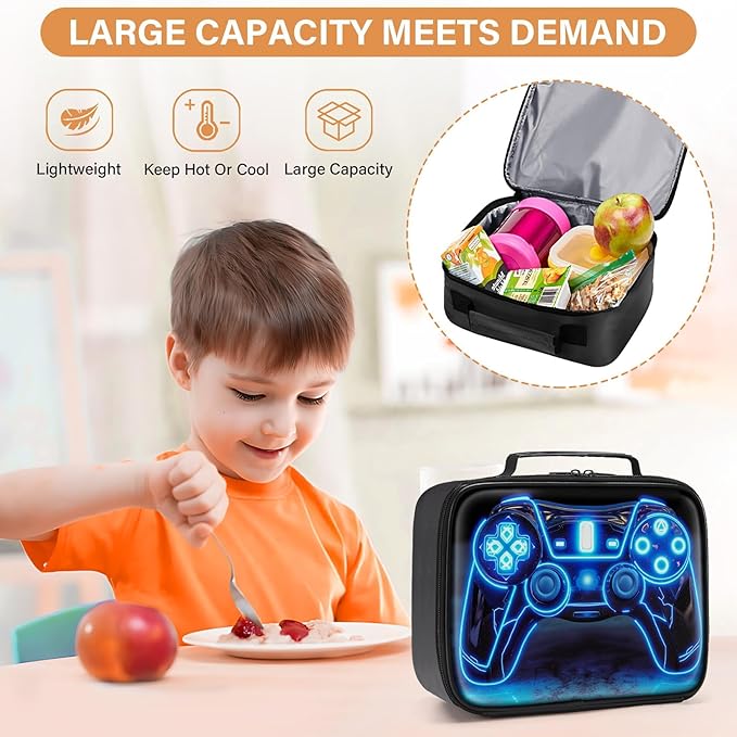 Gamer Lunch Box for Boys,Leather Boys Lunch Bag for Kids,Gamer Gifts for Kids,Insulated Video Game Lunchbox,Reusable Portable Lunchbox for School Travel Picnic Hiking Beach