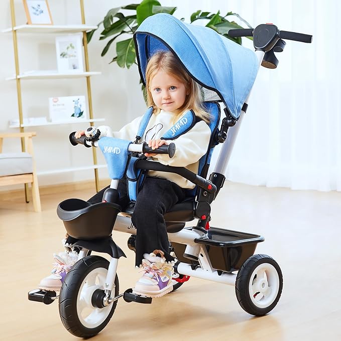 JMMD Baby Trike, 6-in-1 Kids Tricycle with Adjustable Push Handle, Removable Canopy, Safety Harness for 18 Months - 5 Year Old, Blue