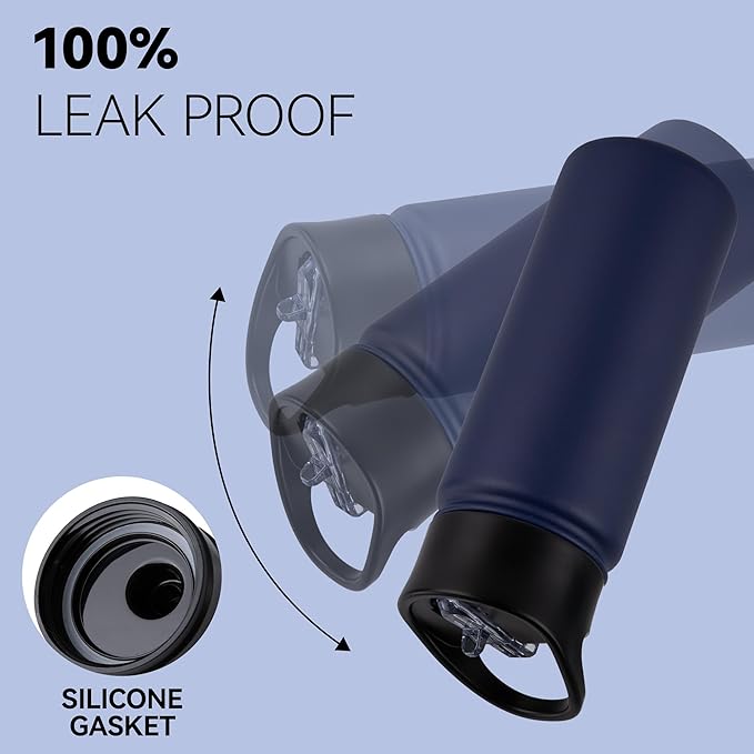 16 oz Insulated Water Bottle Bulk 4 Pack, Straw & Spout Lid, Keep Cold 24H, Spill Proof, BPA-Free, Double Wall, Stainless Steel Kids Water Bottles for School, Sports, Navy Blue