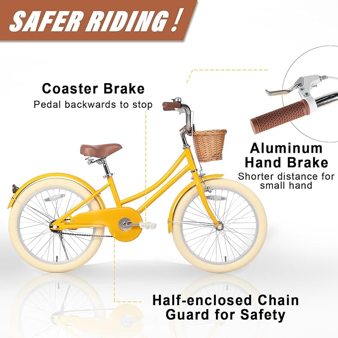 Glerc Little Molly 12-20 Inch Kids Retro Cruiser Bike for 2-13 Year Old with Wicker Basket & Training Wheels/Kickstand, Multiple Colors