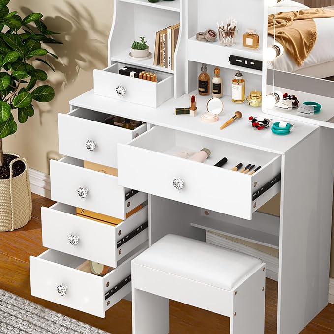 Makeup Vanity Desk with Sliding Mirror and Lights, White Vanity Desk with Lighted Mirror, 3-Color Adjustable Brightness, USB Port, Drawers, Small Vanity Set with Stool for Bedroom, Girls & Women