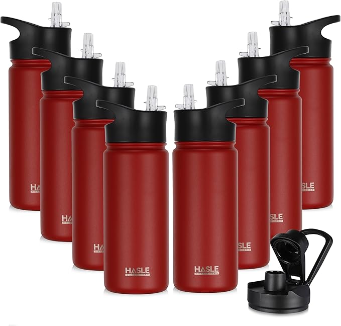 HASLE OUTFITTERS Insulated Water Bottle 16 oz Double Wall Vacuum Stainless Steel Water Bottle Leak Proof for School Wide Mouth with Straw Lid & Spout Lid Keeps Cold and Hot(Red,8pack)