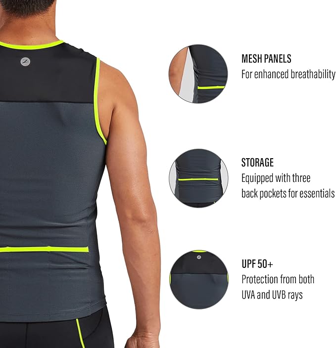 Zoot Men’s Core Tri Tank, Performance Triathlon Race Tank Top, UPF 50+ Fabric, Rear Pockets, Mesh Panels, & Cam Lock Zipper