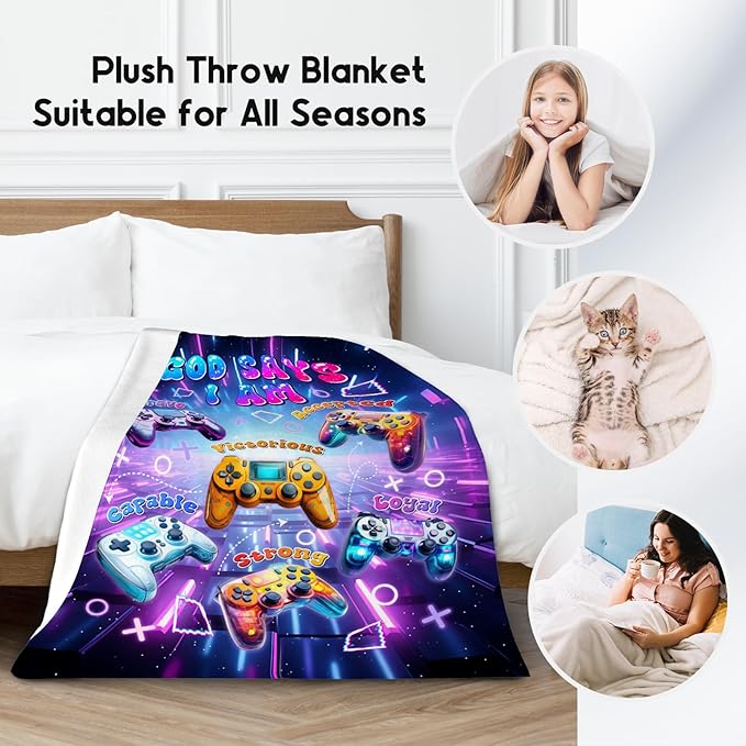 Gaming Blanket for Boys, Games Throw Blanket for Teenage Boys Men, Soft Plush Kids Blankets for Couch Office, God Says I Am Blanket for Kids, Gamer Supplies Kids Gamer Room Decor Gifts, 40"x50"