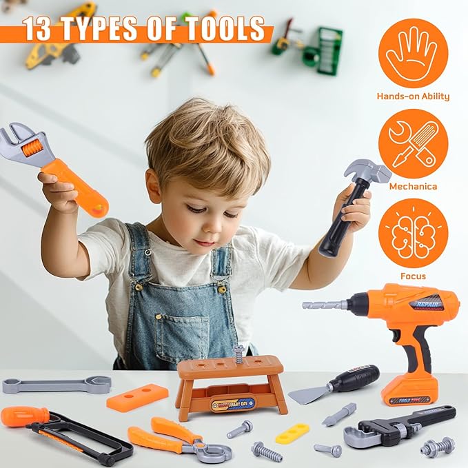 Kids Tool Set,MAGIC4U 52PCS Toddler Tool Set with Electric Drill Toy & Kids Tape Measure, Pretend Play Construction Toys Costume with Tool Belt for Boy Girls Age 3-8