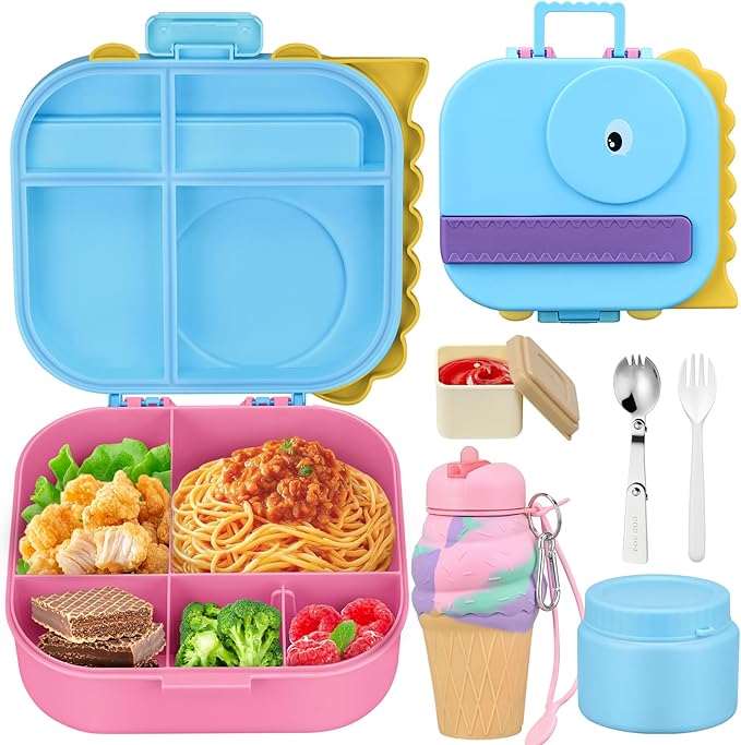 Dinosaur Lunch Box for Kids with Secret Compartment | 4 Compartments Bento Box + 12oz Insulated Food Jar | Leak-Proof Sauce Cup & Collapsible Spoon | BPA-Free, Dishwasher Safe(Grey+Grey Jar)