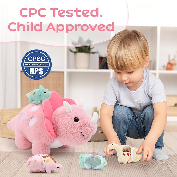 17.6in Pink Dinosaur Toys for Girls, Mommy Dinosaur Stuffed Animal with 3 Baby Dino Plush(Triceratops, Stegosaurus and Diplodocus),Small Dino Plushies for Girls and Boys,Gifts for Kids