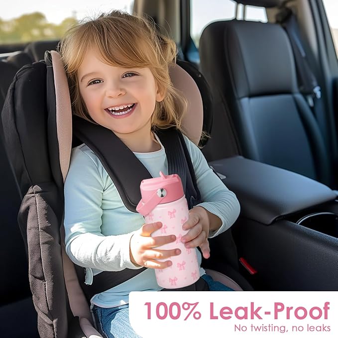Bow Kids Water Bottle With Straw Lid 12oz Insulated Stainless Steel, Travel Tumbler, Pink Bow Gifts For Girls, Birthday, Christmas, Back To School