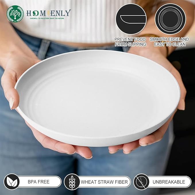 Homienly Wheat Straw Plates, 8 Inch Dessert Plates Set of 8, Unbreakable White Round Plate - Alternative to Plastic Plates, Lightweight Microwave and Dishwasher Safe Plate Set for Camping - White