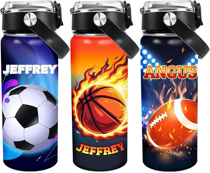 Personalized Kids Water Bottle with Name for School - Custom 18oz Water Bottle with Straw Lid Stainless Steel w/Engraved Names - Personalized Christmas Kids Gifts for Boys Girls (Ball)