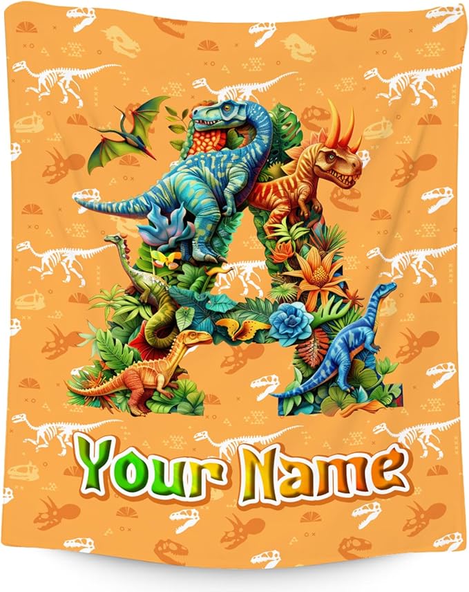 Personalized Kids Blanket, Dinosaur Blanket for Boys - Custom Throw with Initial Name, Monogram Gifts for Son & Grandson - 30"x40" Soft Plush Toddler Throws for Couch