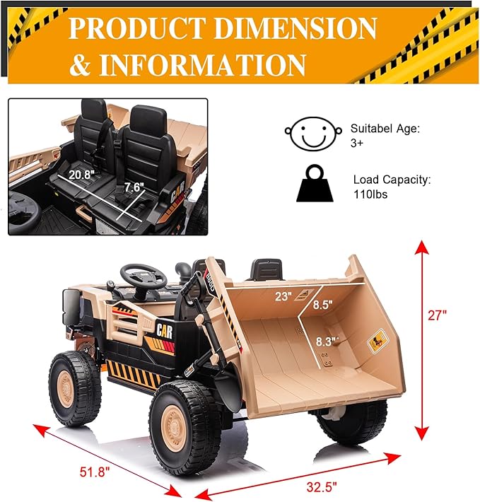 24V 4WD 2-Seater XL Kids Ride on Truck Electric Toy Car with Electric Dump Bed, Parents Remote Control Kids Car Tractor Toys Ride-on Dump Truck for Boys and Girls Ages 3+, Khaki