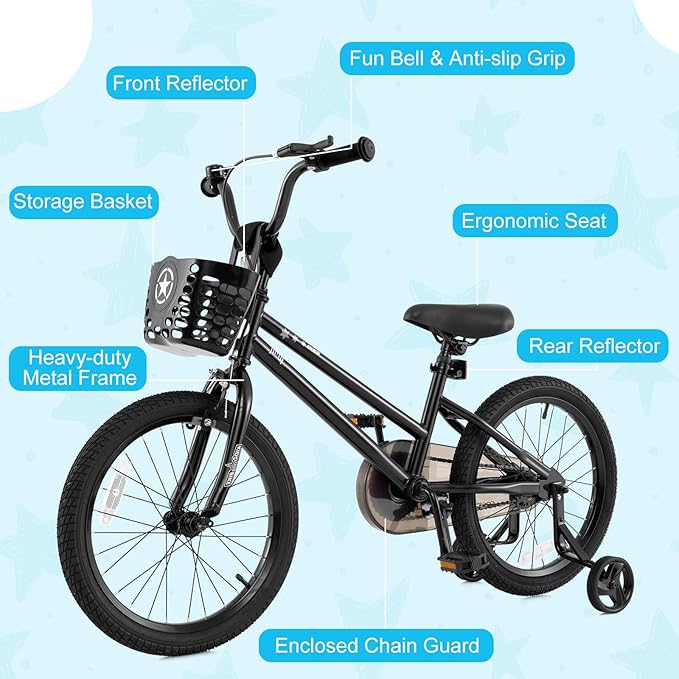 BABY JOY Starry Kids Bike, 12 14 16 18 Inch Bicycle with Training Wheels, Storage Basket, Adjustable Handlebar & Seat, Handbrake & Coaster Brake, Girls Boys Bike