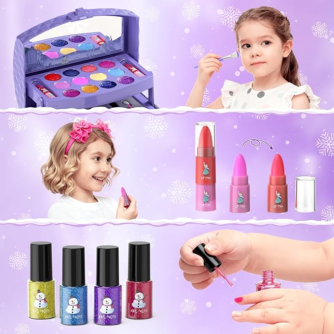 GirlsHome Kids Makeup Set for Girl 56 Pcs Washable Real Cosmetic, Non-Toxic Frozen Toys Toddler Makeup Kit, Frozen Princess Dress up Kit Christmas & Birthday Girl Gift for 3-12 (Frozen Purple)