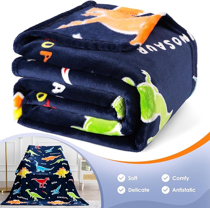 Jekeno Dinosaur Glow in The Dark Blanket Dino Gift Throw for Kids Boys Girls Birthday Christmas Halloween Easter Decor for Age 1-16 Years Old Teens Child Toddler Son Throw Navy Blue 50"x60"