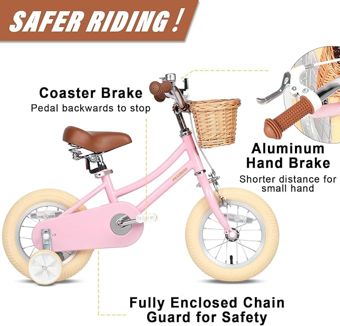 Petimini Girls Bike with Basket for 2-12 Years Old Kids, 12 14 16 18 20 Inch Bicycle with Bell Training Wheels Basket, Multiple Colors