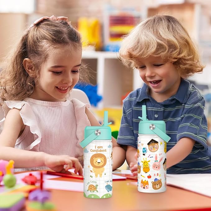 Animal Water Bottle 12oz for Kid Stainless Steel with Straw Lid, Kids Water Bottle, Travel Tumbler, Inspiration Gifts for Girls Boys, Birthday Christmas Back To School