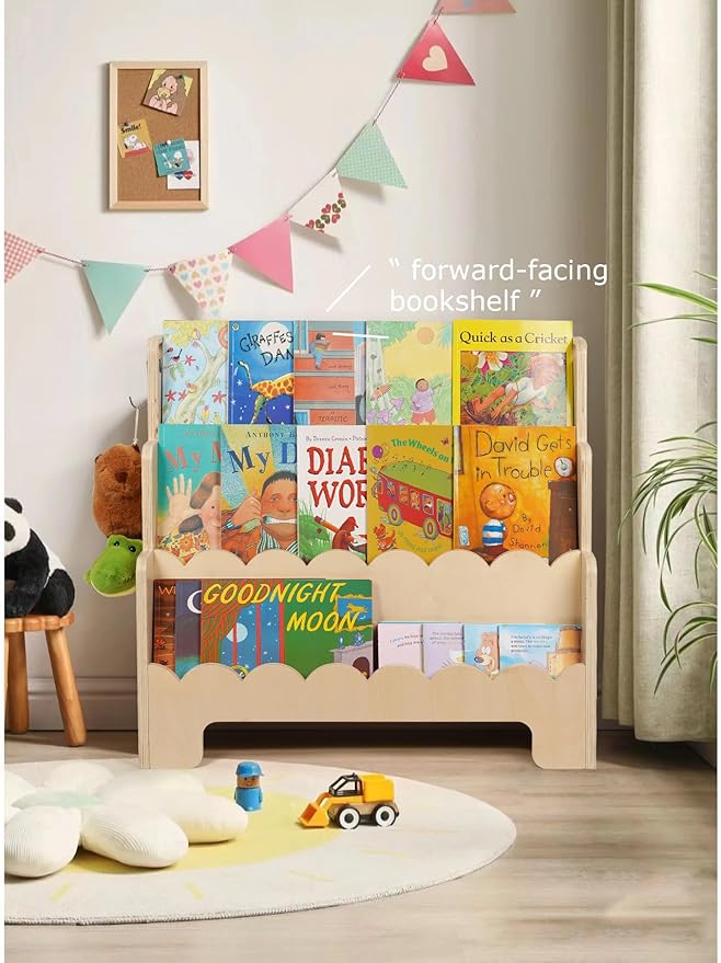 Kids Bookshelf Wooden 3-Tier, Scalloped Book Shelf for Kids Rooms, Front Facing Toddler Montessori Bookshelf, Baby Nursery Book Shelves Kids Classroom Bookshelf Bookcase