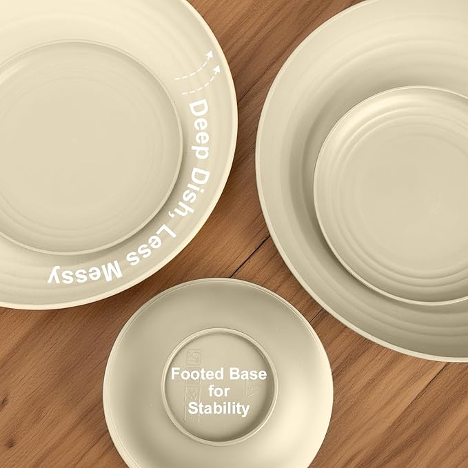 Wheat Straw Dishes Set Service for 8, Reusable Plastic Dinnerware Set 32 PCS, Kitchen Plates and Bowls sets, Unbreakable Microwave and Dishwasher Safe Camping Dishes for RV, Outdoor - Beige