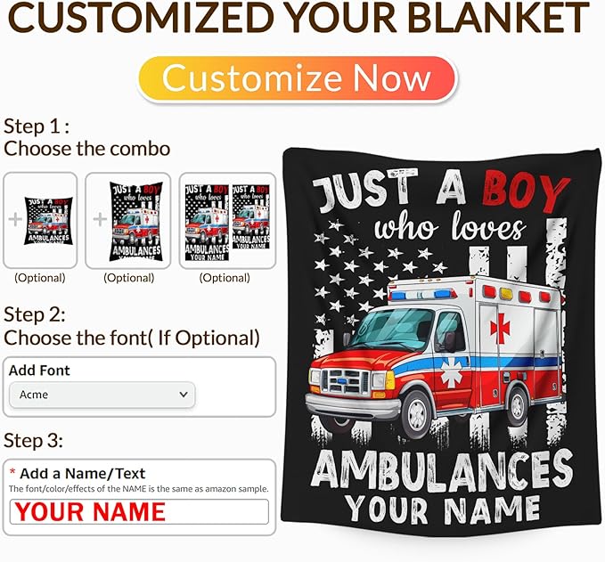 Custom Ambulance Blanket for Boys, Cute Throw Blanket Gifts for Kids Truck Lovers, Personalized 30x40 Inches Black Soft Fuzzy Blankets for Sofa Couch Bed