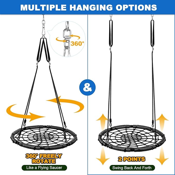 Odoland Spider Web Tree Swing for Kids and Adult, Outdoor Saucer Net Round Swing with Steel Frame and 2 Hanging Straps and Turnbuckle - 43in Large Platform for Backyard Park Travel