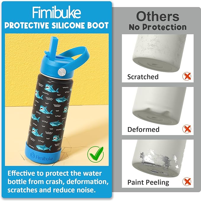 Fimibuke Kids Insulated Water Bottle, 18oz BPA FREE Kids Cups with Straw Double Wall Vacuum Tumbler 18/8 Stainless Steel Leak Proof Toddler Water Bottle for School Boys Girls (2 Pack, Dinosaur/Shark)