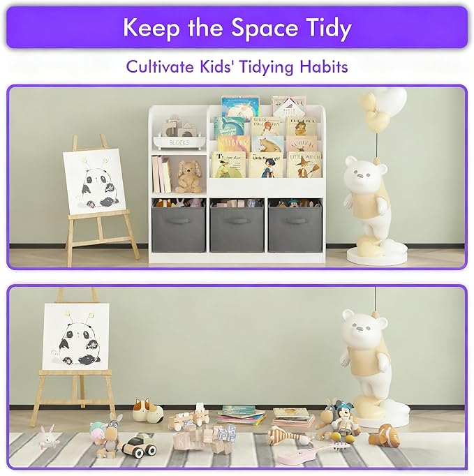 Kids Bookshelf, Wooden Kids Bookcase with 3 Storage Bins for Toy Storage, 4-Tier Shelf for Books & Reading, Multifunctional Toy Box with Bookshelf for Nursery & Bedroom Organization