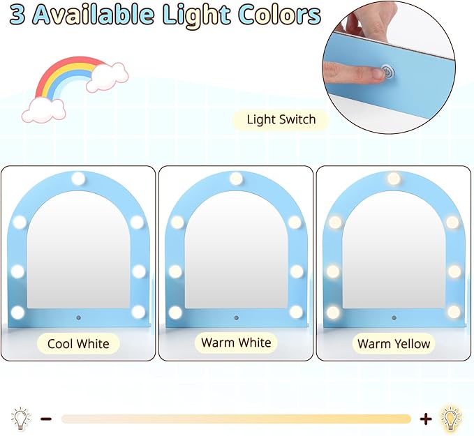 Costzon Kids Vanity with Lights, Corner Vanity Desk with Mirror, Storage Shelves, Wooden Princess Toddler Makeup Dressing Table, Kids Vanity Table and Chair Set for Little Girls (Blue)