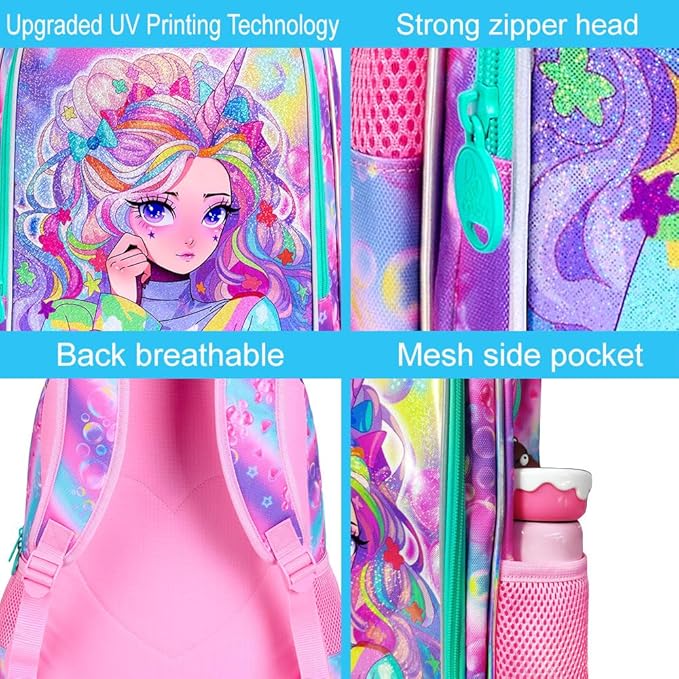 CCJPX 3PCS Backpack for Girls, 16" Unicorn Water Resistant Preschool Bookbag with Lunch Box, Kids Princess School Bags for Elementary Kindergarten Toddler