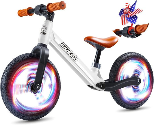 Ridego 12 Inch Balance Bike for Kids 2-4 Year Old,Lightweight Kids Bike with Adjustable Seat, Push Bicycle with Air Rubber Tires，Ride-on Toys Birthday Gift