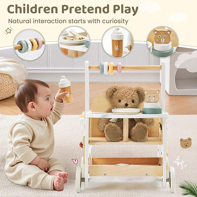 labebe Wooden Baby Walker, Baby Push Walker Doll Stroller, Push Activity Walker for Kids 18M+, Adjustable Speed Learning Walking with Wheels, Birthday Gift for Girls Boys Ages 1-3