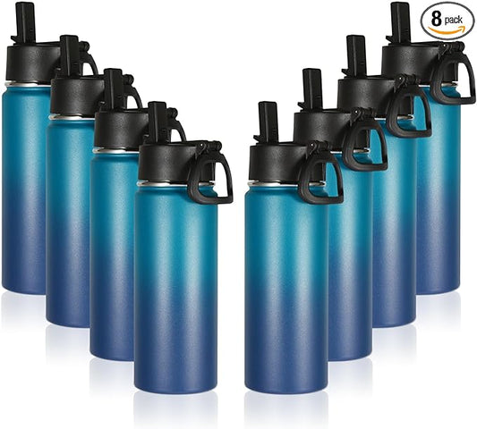 Volhoply 16 OZ Kids Water Bottle Bulk 8 Pack,Insulated Sports Bottles with Straw Lid,Stainless Steel Bottle with Handle Keep Cold & Hot,Double Wall Vacuum Tumbler Cups for School(Dark Night, 8)