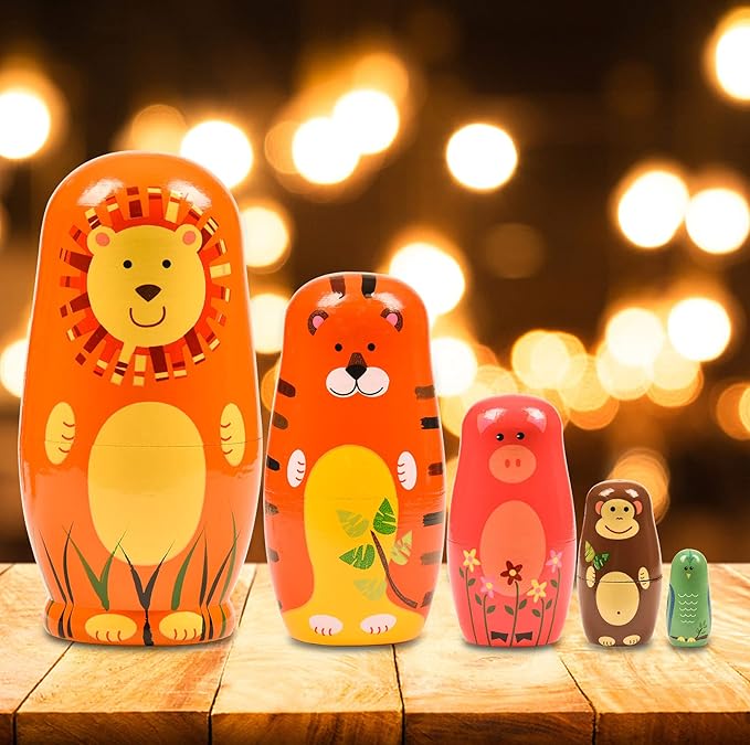 Nesting Dolls, Animal Nesting Easter Eggs Toys, Wooden Matryoshka Dolls for Kids (Round Lion)