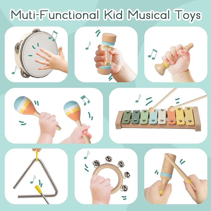 Baby Musical Instruments - Wooden Montessori Toys for Toddlers,Modern Boho Xylophone Includes Songbook with 13 Kids' Songs,Neutral Colors Wooden Percussion Instruments Set
