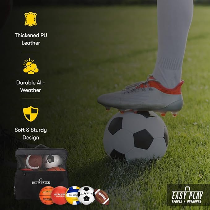 Complete Sports Balls w/Bag, Pump for Boys - Kickball, Volleyball, Soccer Ball, Football, Basketball - Outdoor Play