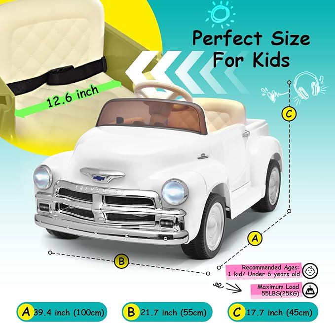 Joywhale 12V Kids Ride on Car Licensed Chevrolet 3100 Pickup Battery Powered Motorized Electric Car, with 7AH Big Battery, 2.4G Remote Control, 3-Speeds, Storage Space, Music, Retro Style, White