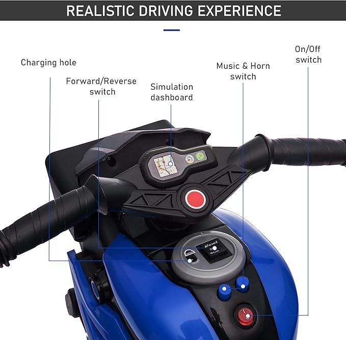 Aosom 6V Kids Motorcycle Toddler Ride-on Toy, High-Traction Battery-Operated Mini Electric Motorbike with Forward/Reverse Switch, Music, Headlights, Horn, Blue