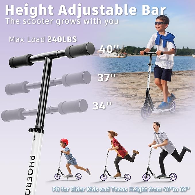 PHOEROS Kick Scooter for Kids Ages 6-12,Teens & Adults, Youth. Lightweight Aluminum Kick Scooter for Teens Adults Boys Girls with 8 inch Big Wheels, Foldable, 3 Height Adjustable, Shock Absorption.